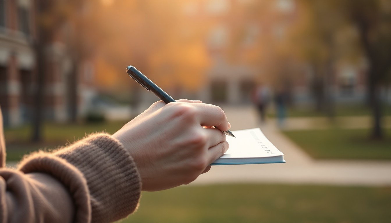 An abstract, out-of-focus photograph showing a student's hands holding a pen and notebook, with a blurred college campus scene in the background, conveying a sense of focus and clarity emerging from uncertainty.