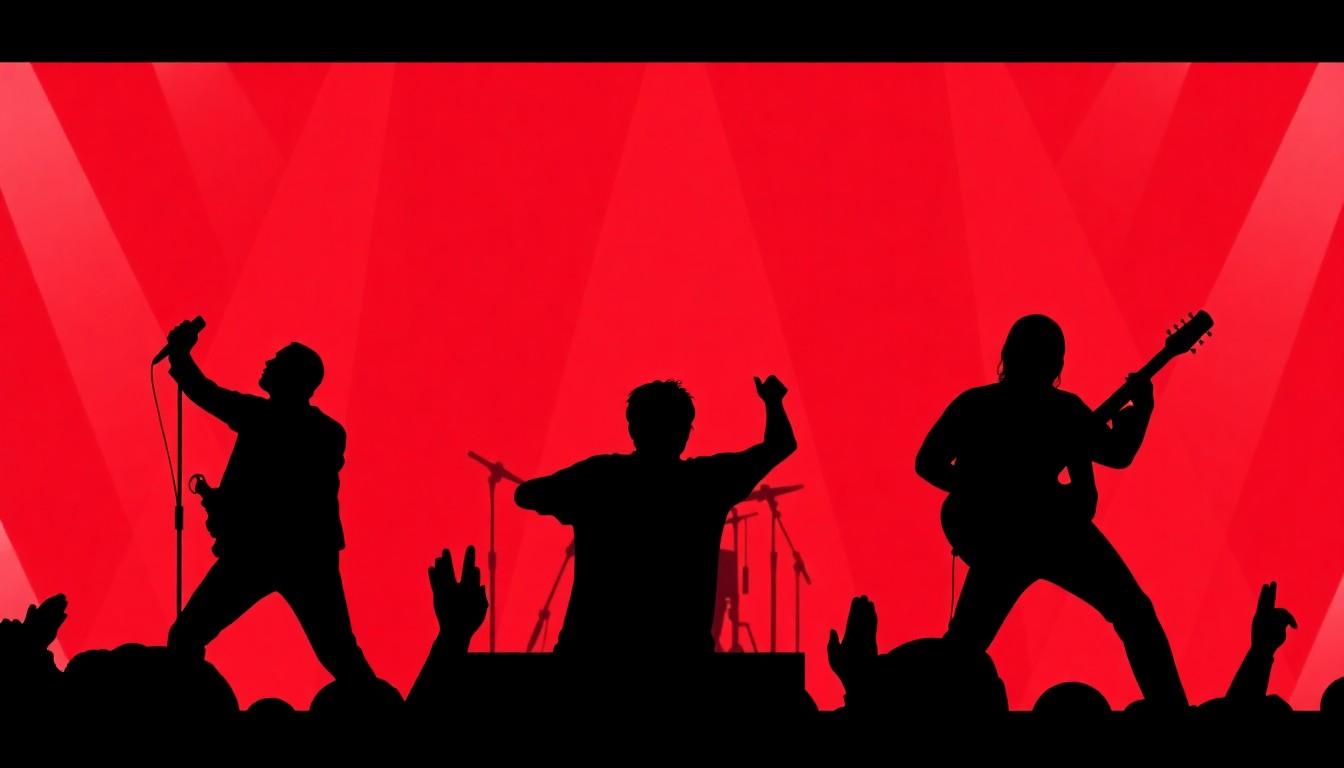 A bold, graphic composition of stark black silhouettes and high-contrast solid colors like red and white, abstractly representing the energy and spirit of a live music performance.