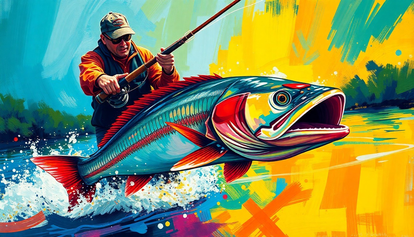 An abstract, energetic painting in neon colors depicting the intense motion and energy of a fisherman reeling in a large suckerfish from a river, conveying the excitement and significance of a new state record.