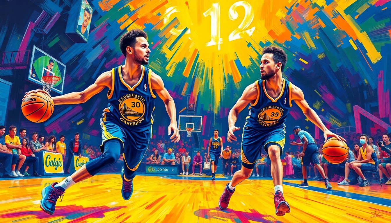 An abstract, expressionist painting in neon colors depicting two basketball players in motion, their faces and identities obscured, representing the Curry brothers playing together on the court.