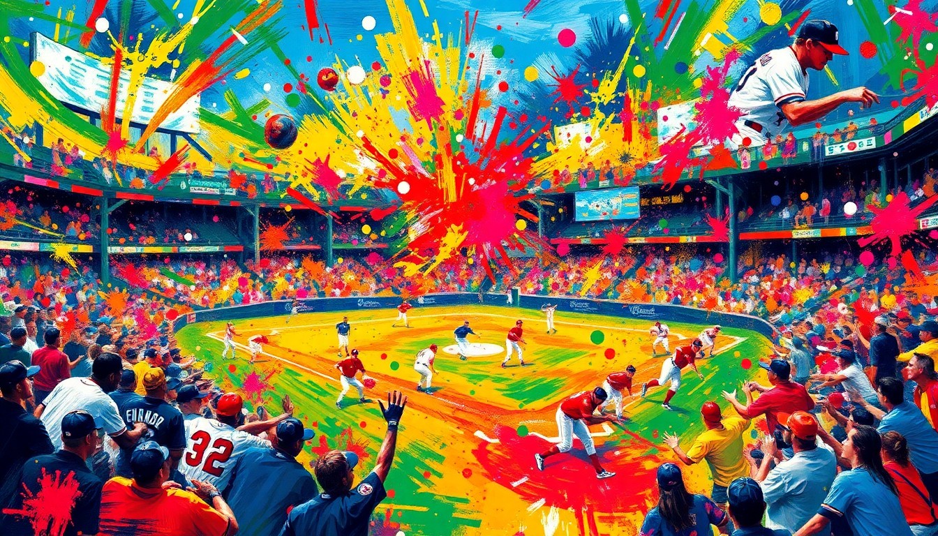 An abstract expressionist painting in vibrant neon colors, with dynamic brushstrokes capturing the energy and motion of a high-energy baseball game, players and the crowd blending into a colorful, energetic scene.