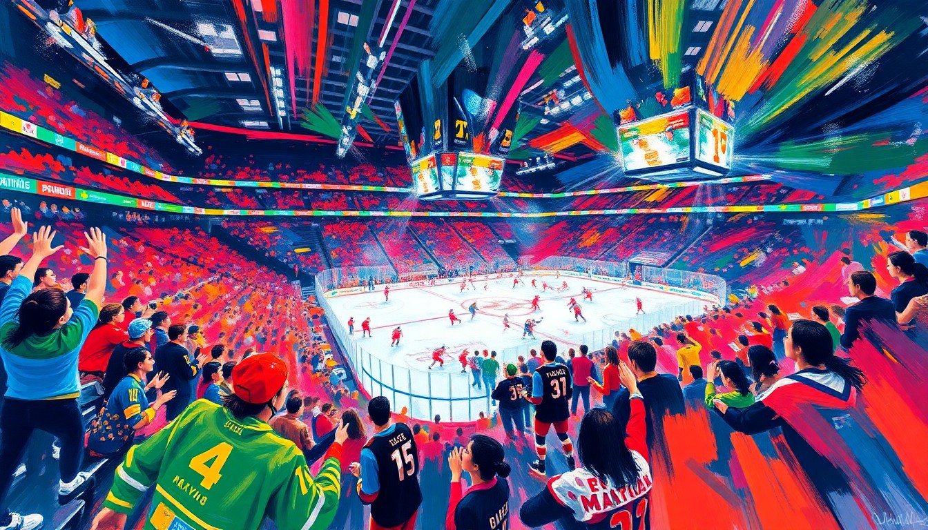 An abstract, energetic painting in neon colors and bold brushstrokes, capturing the intensity and excitement of a packed arena for a women's hockey game.