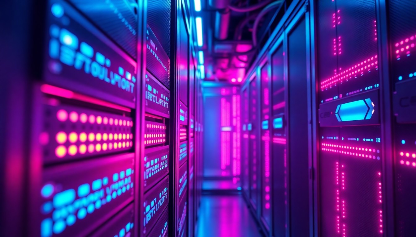 A highly detailed, glowing 3D macro illustration of a futuristic, neon-lit data center server rack, representing the complex digital infrastructure powering the App Store and online payments. The rack is illuminated by pulsing cyan and magenta lights, conveying the high-stakes technological battle between the tech giants.