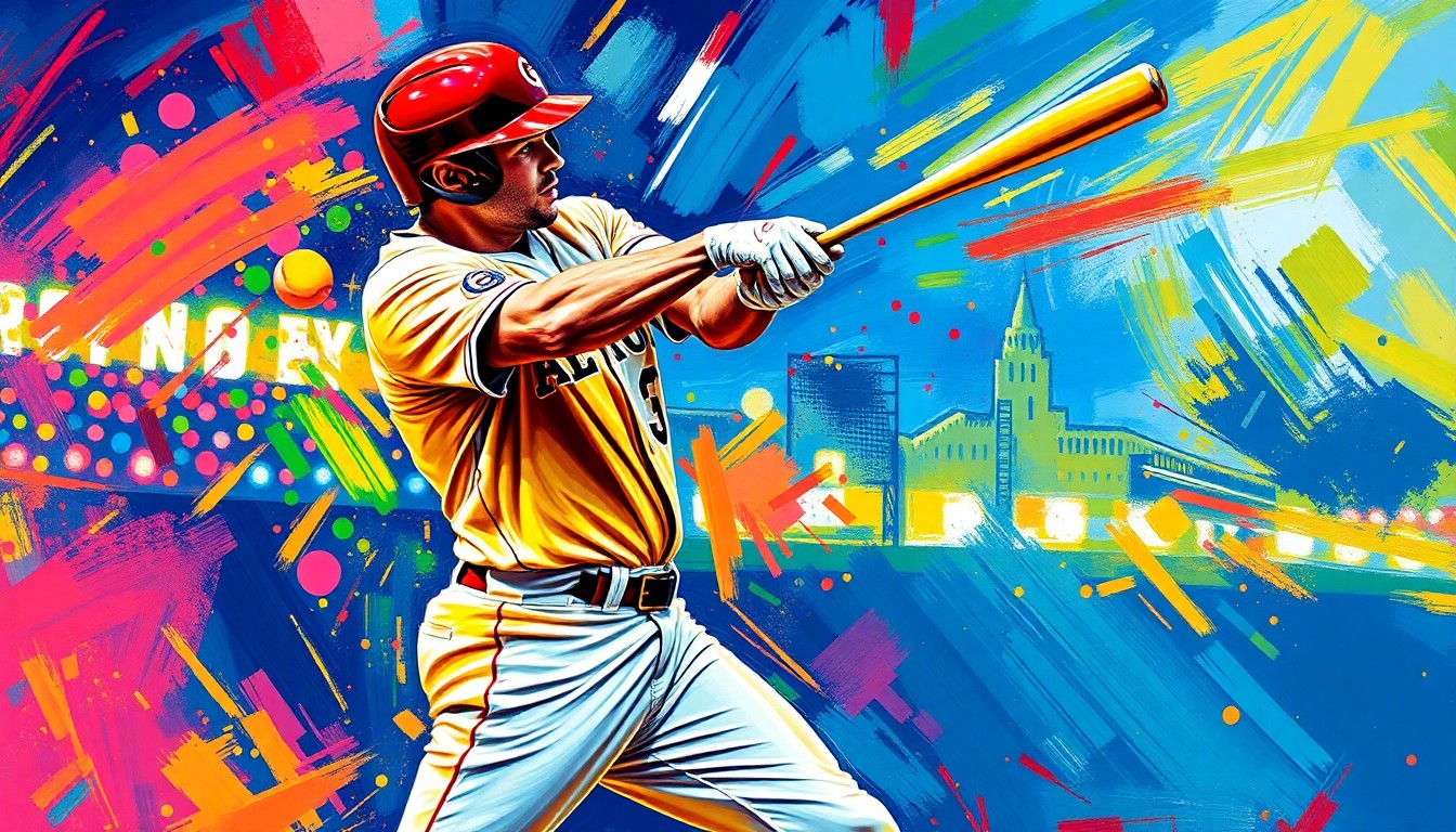 An abstract, energetic painting using vibrant neon colors and expressive brushstrokes to depict the dynamic motion of a baseball player swinging the bat.
