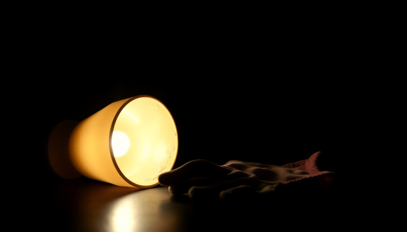 An extreme close-up photograph of a broken household object, such as a lamp or glove, dramatically lit by a harsh flash against a dark background, conceptually representing the investigation of a crime scene in a suburban home.