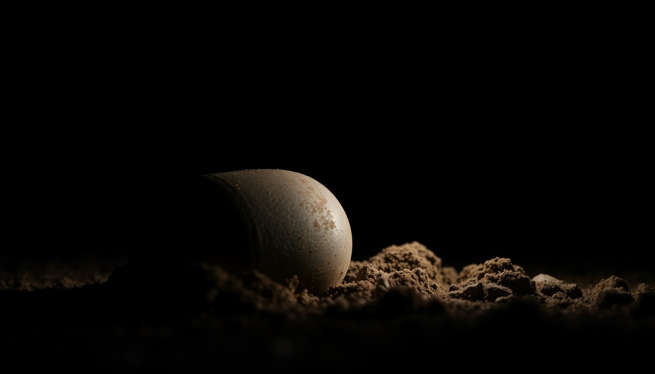 An extreme close-up photograph of a partially buried, rusted metal object against a pitch-black background, conceptually representing the dangerous discovery of a live mortar round in a suburban yard.