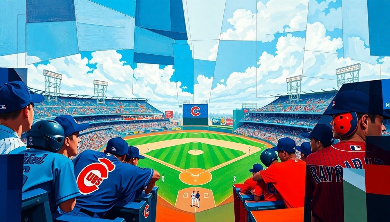A fractured, geometric painting depicting a baseball game between the Chicago Cubs and Tampa Bay Rays, with the players and field broken down into sharp, overlapping planes of vibrant blue, red, navy, and powder blue colors.