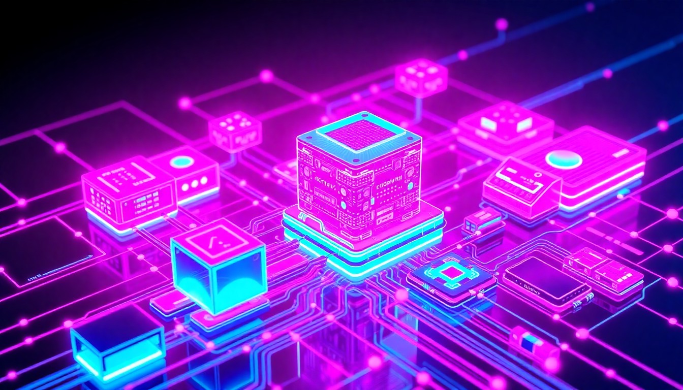 A highly detailed, glowing 3D illustration of a futuristic, interconnected network of digital infrastructure components in shades of neon cyan and magenta, conceptually representing the automated SEO ecosystem generated by the G-Stacker platform.