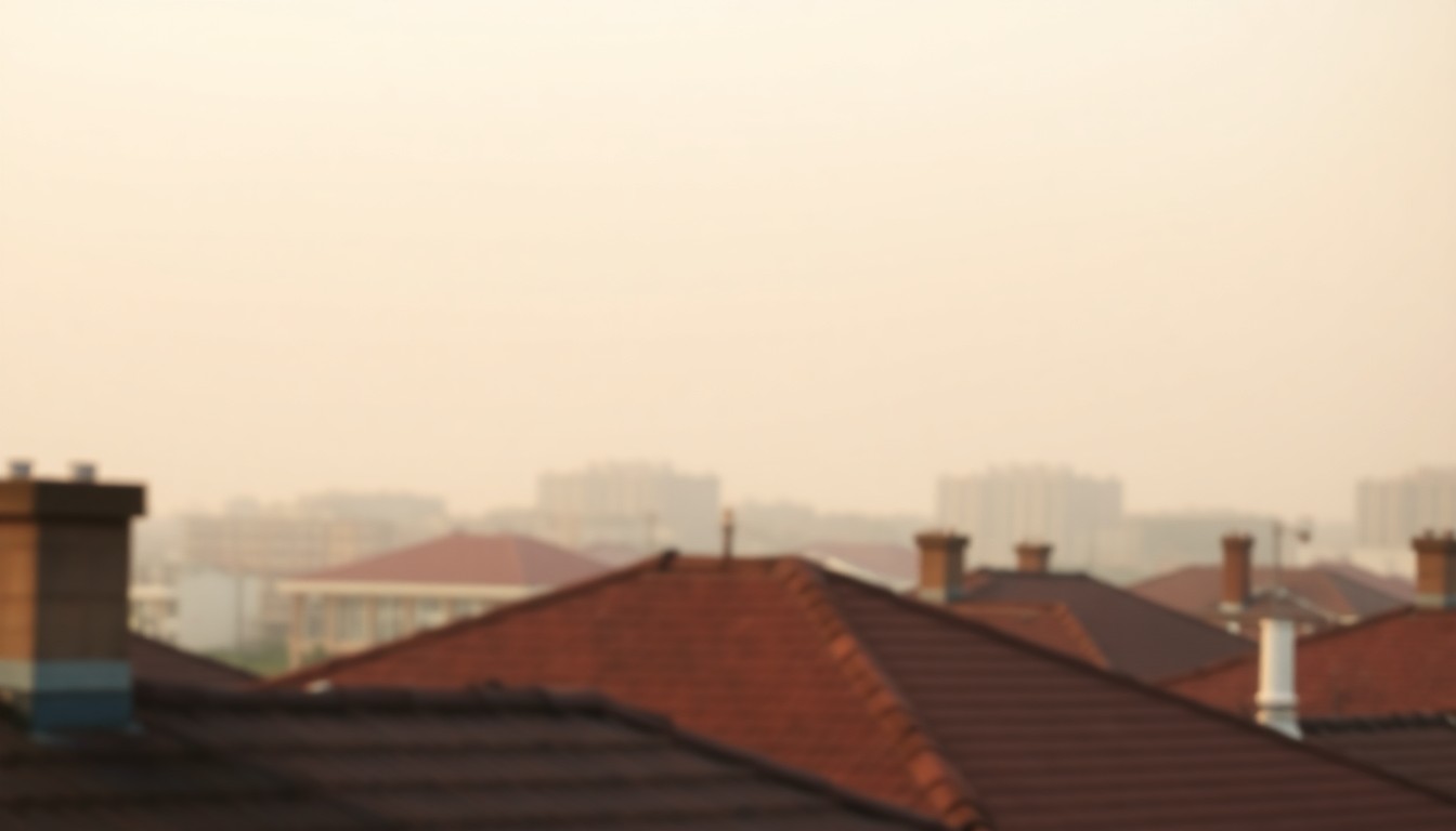 An extremely abstracted, out-of-focus photograph of a residential rooftop, with the edges of the frame slightly blurred to create a dreamlike, atmospheric quality, conceptually representing the importance of proactive roof maintenance.
