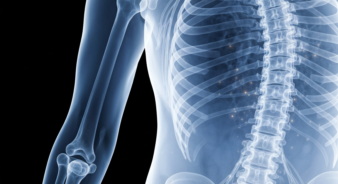 A translucent, ghostly X-ray photograph showing the human spine and nervous system, with glowing lines and structures that convey the interconnected nature of the body's systems and the importance of addressing chronic health challenges from a comprehensive, root-cause perspective.