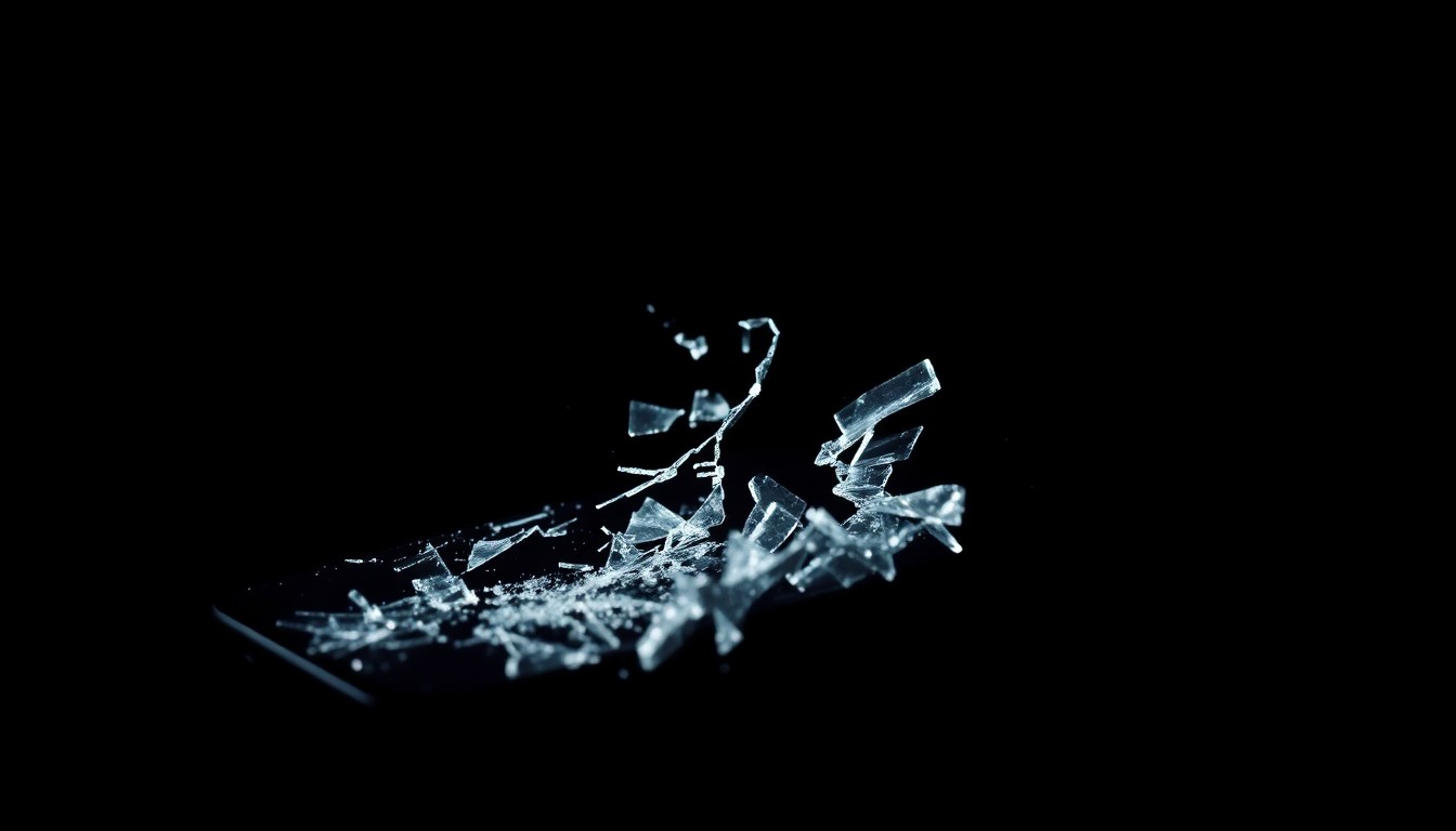 An extreme close-up photograph of a shattered smartphone screen against a pitch-black background, conceptually illustrating the dangers of distracted driving through the fragmented glass and twisted metal.
