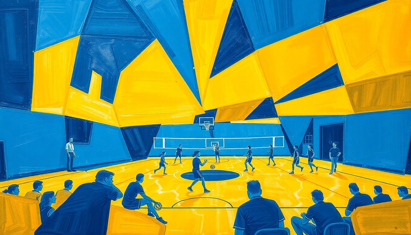 A fragmented, geometric painting depicting a high school volleyball game, with players and the court broken down into overlapping planes of blue and gold, capturing the dynamic energy of the sport.