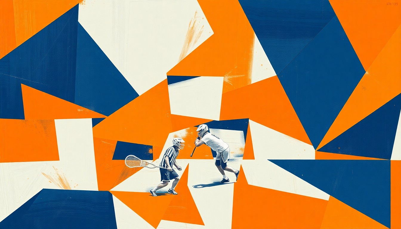 A cubist, geometric painting depicting a college lacrosse game, with overlapping planes of bright orange, navy blue, and white representing the dynamic action on the field.
