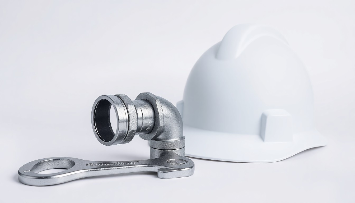 A photorealistic studio still life featuring a polished metal water pipe fitting, a wrench, and a hardhat arranged on a clean, monochromatic background, conceptually representing the technical work of upgrading water infrastructure.
