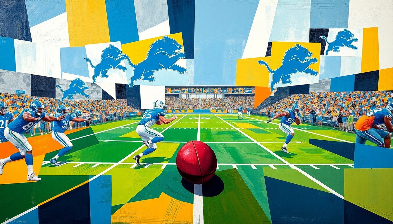 A cubist, geometric painting depicting a fragmented, multi-angled view of a Detroit Lions football practice, with players and equipment rendered in sharp, overlapping planes of Honolulu Blue, Silver, and White.