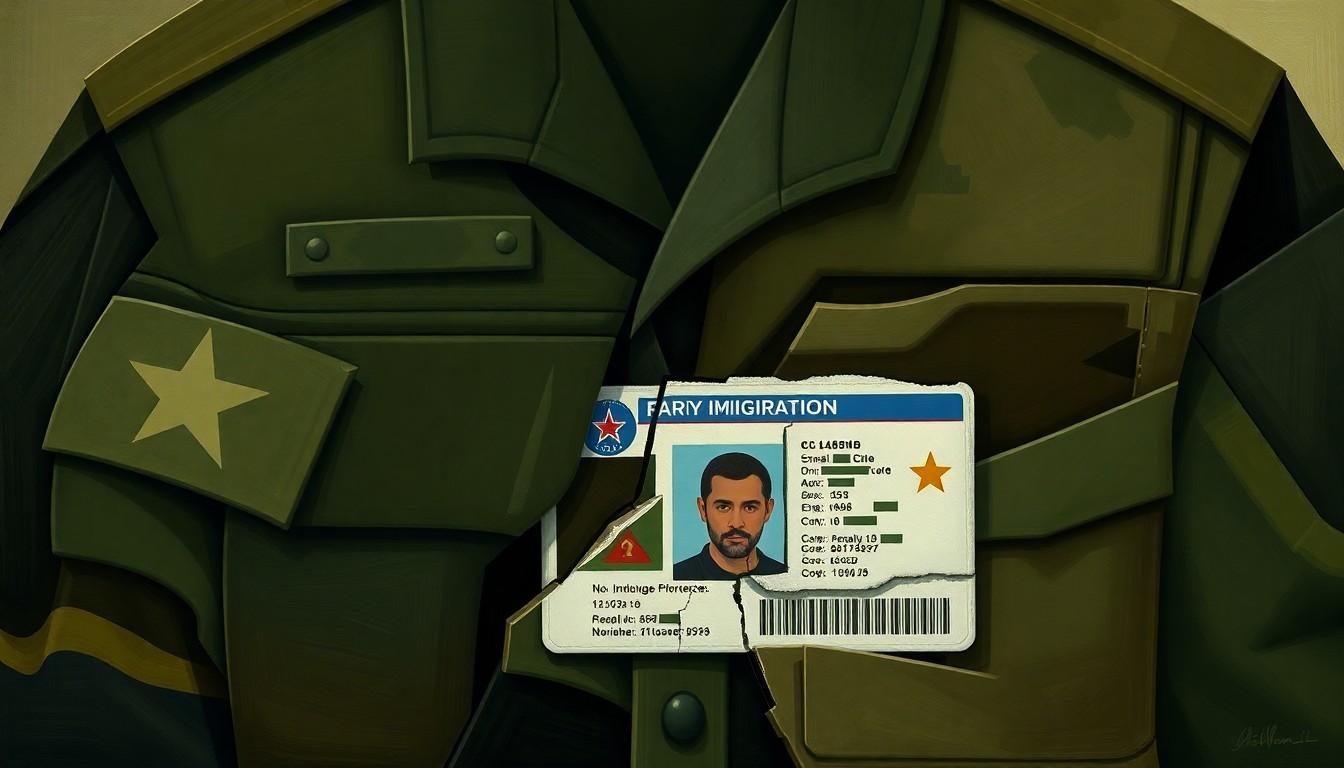 A fractured, abstract painting of an Army uniform and military ID card in overlapping geometric shapes and waves of olive, khaki, and dark green colors, conveying a sense of disruption and fragmentation.
