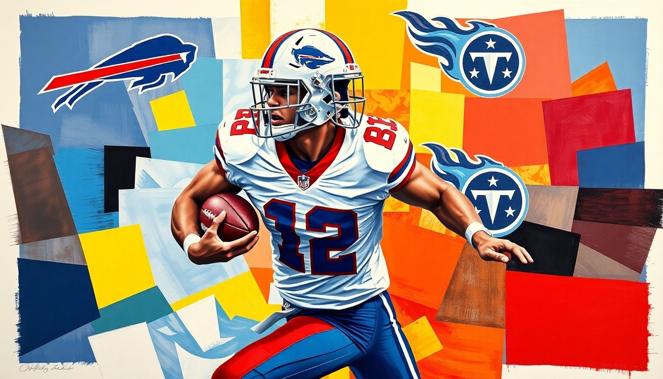 A cubist, geometric painting depicting a football player in motion, with sharp, overlapping planes of blue, red, and white representing the Buffalo Bills and Tennessee Titans colors.