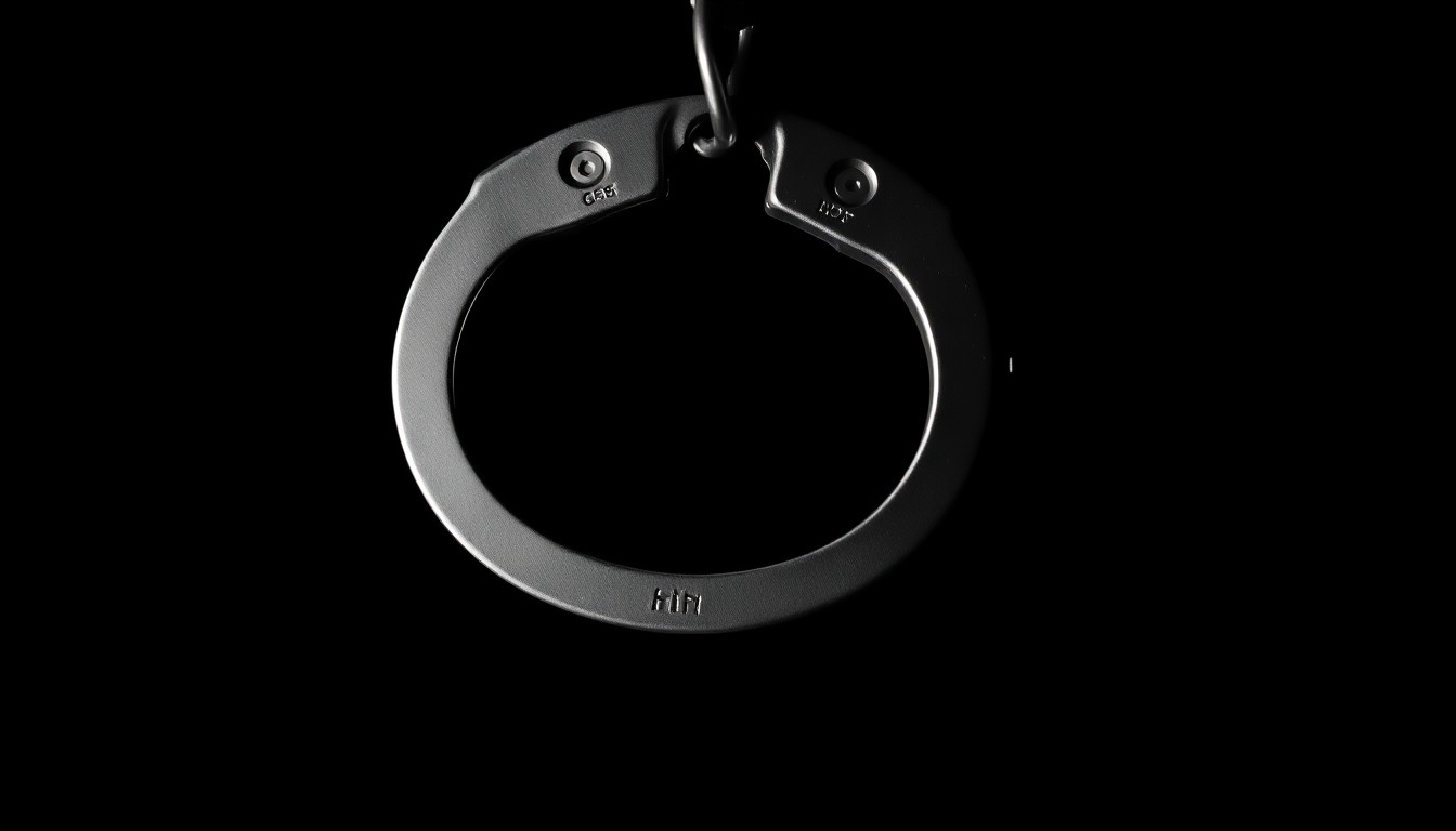 An extreme close-up photograph of a set of handcuffs against a pitch-black background, the metal reflecting the harsh, direct light of the camera flash, creating a stark, dramatic, and investigative aesthetic.