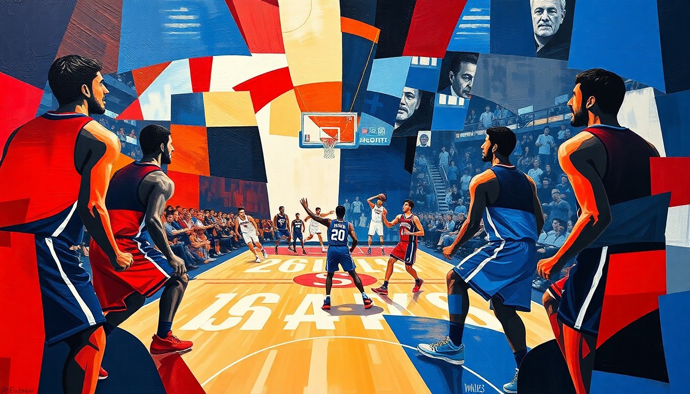 A fragmented, cubist-style painting depicting a basketball game between the Detroit Pistons and Philadelphia 76ers, with the players' forms deconstructed into abstract geometric shapes and planes of vibrant team colors.