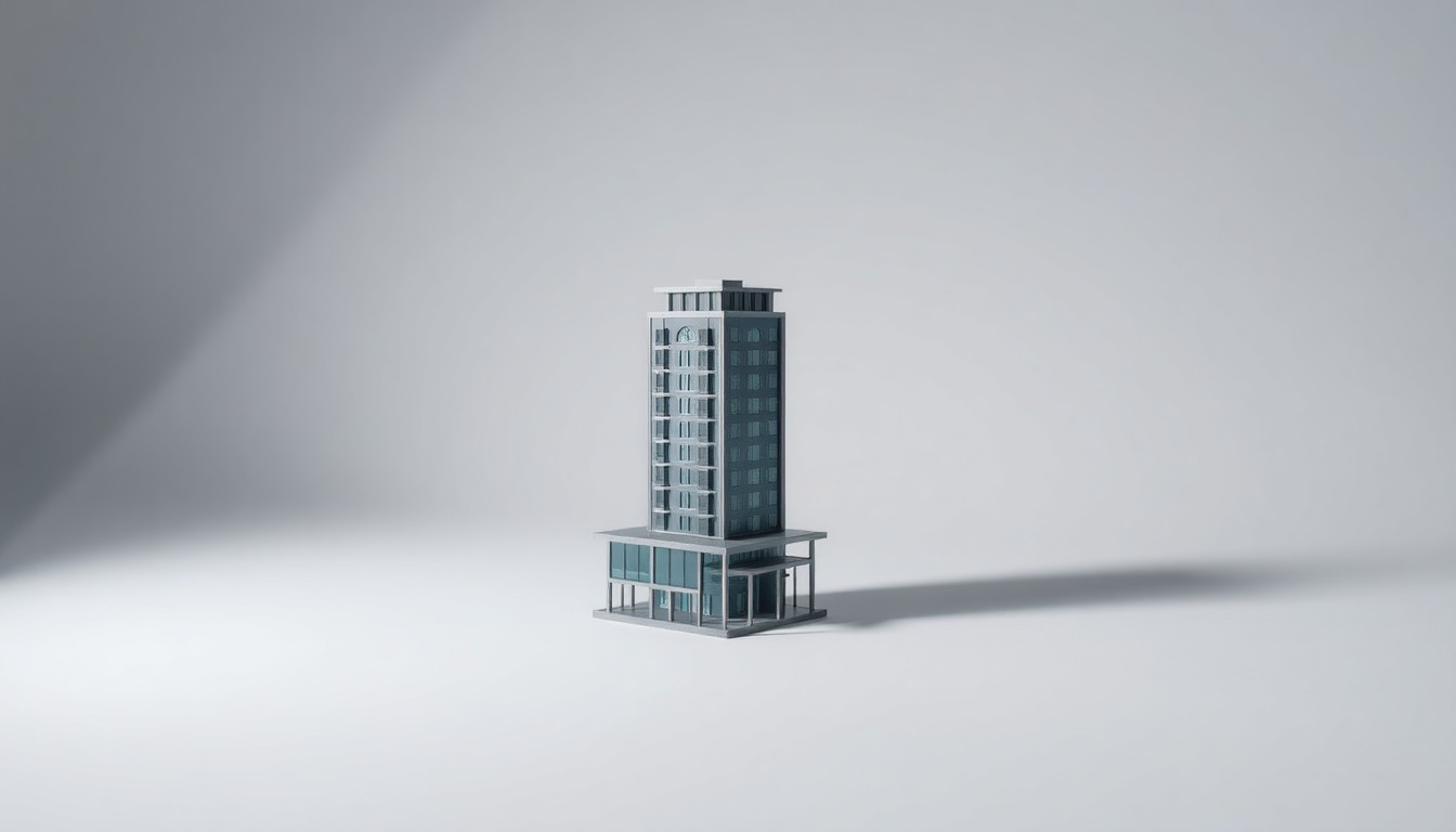 A highly reflective, minimalist metal and glass model of a hotel building floating on a clean white background, conveying a sense of corporate strategy and the future of hospitality in Greenville.