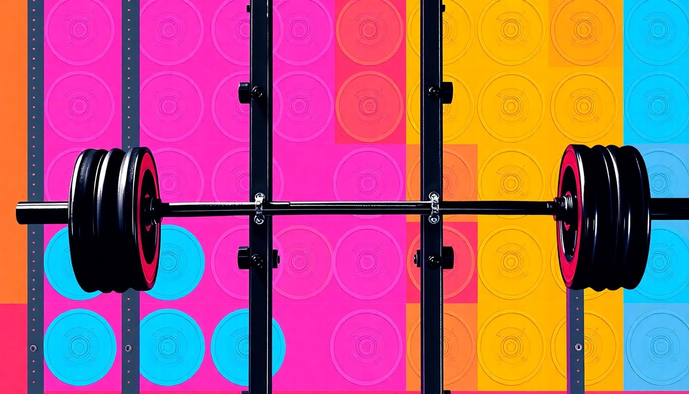 A brightly colored, high-contrast silkscreen print of a Smith machine barbell and weight stack, repeated in a tight grid pattern, conceptually representing the versatility and compact design of this home gym equipment.