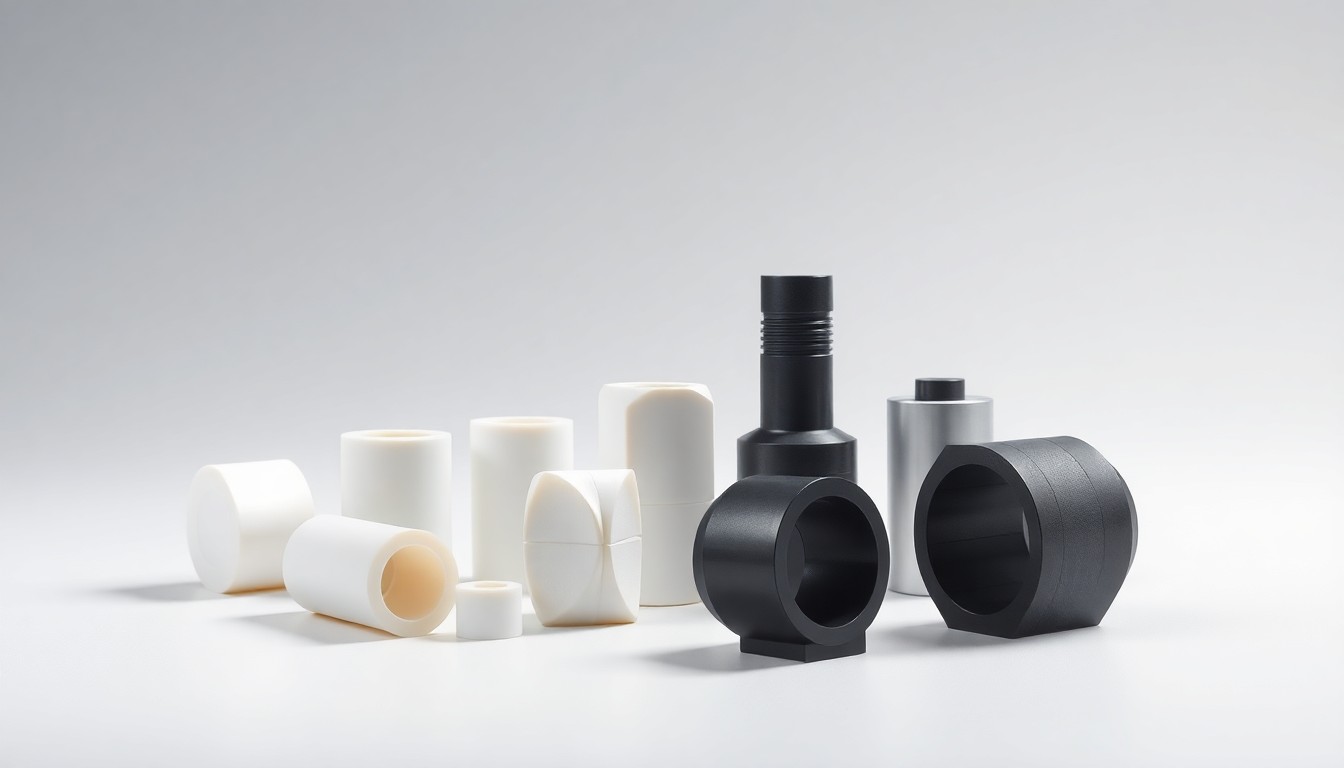 A high-end studio still life photograph featuring a collection of polished, geometric medical device components made from premium materials, arranged elegantly on a clean, monochromatic background with dramatic lighting to represent the precision and quality of Advanced Industrial's medical grade plastic machining.