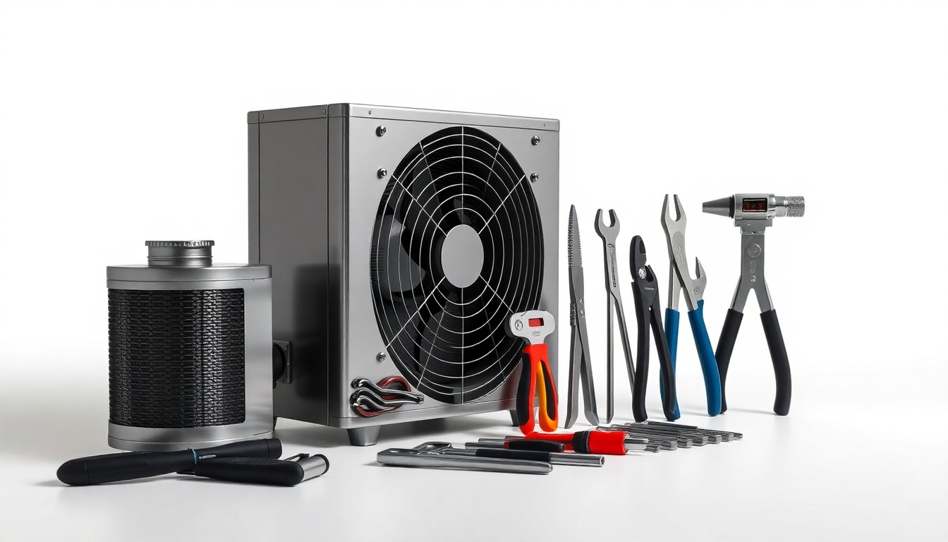 A high-end, photorealistic studio still-life photograph featuring a polished chrome HVAC unit and a set of precision tools arranged elegantly on a clean, white seamless background, conveying the quality and attention to detail that has defined this family-owned HVAC company.