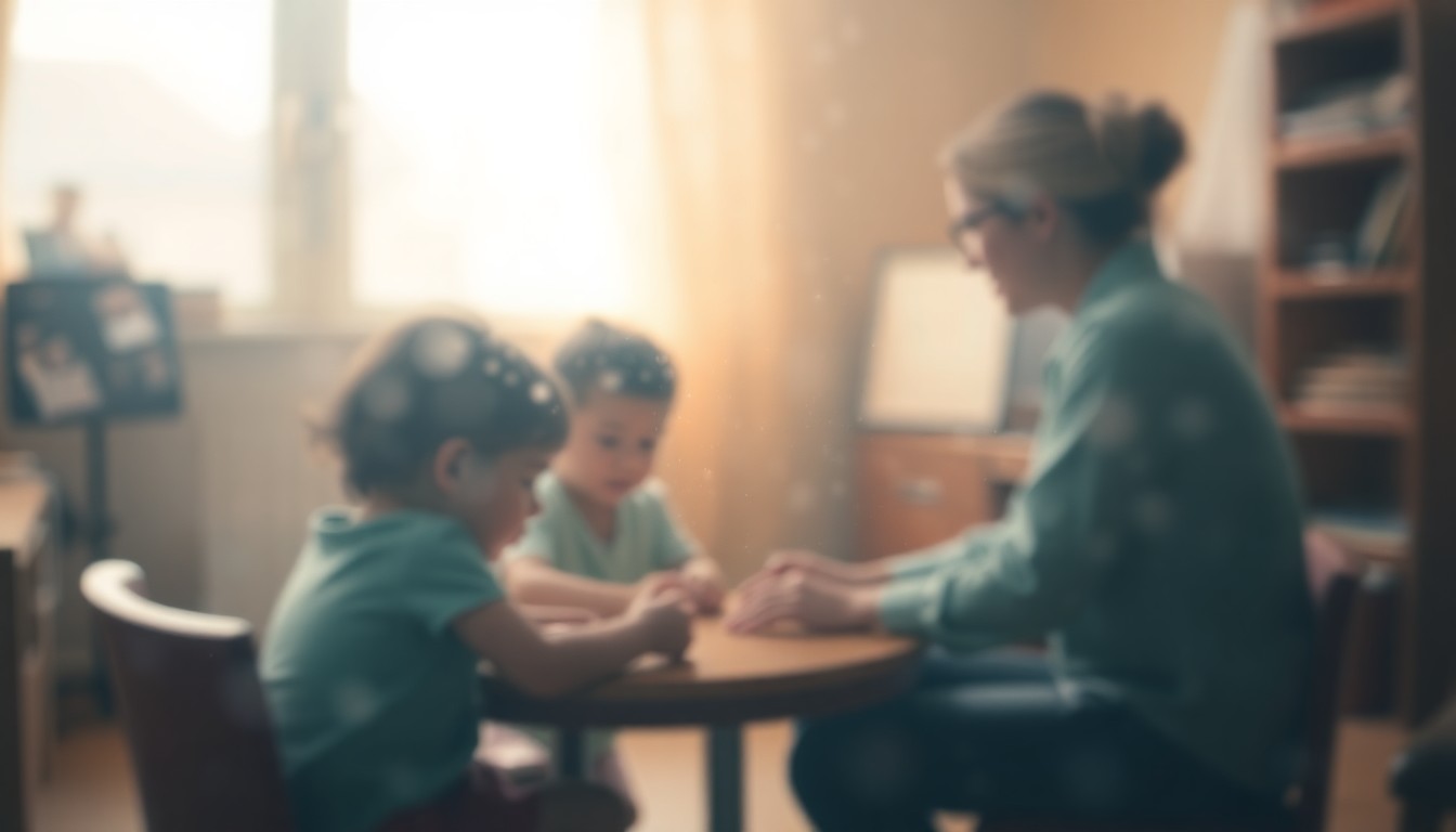 An extremely abstracted, out-of-focus photograph in warm, soft tones depicting the blurred silhouettes of a childcare worker and young children in an indoor setting, conveying the hands-on, nurturing nature of the profession.