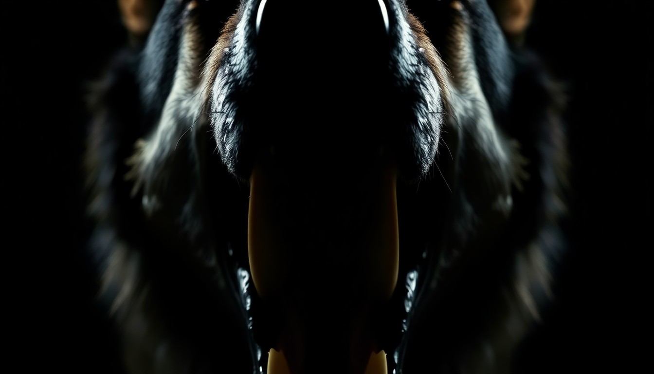 An extreme close-up photograph of a wolf's teeth and jaws, lit by a harsh, direct camera flash against a pitch-black background, creating a stark, gritty, investigative aesthetic.