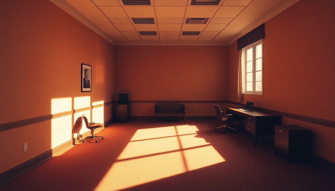 A dimly lit, cinematic painting of an empty political office space, with warm sunlight streaming in through a window and casting long shadows across the room, conveying a sense of quiet contemplation and uncertainty about the future.