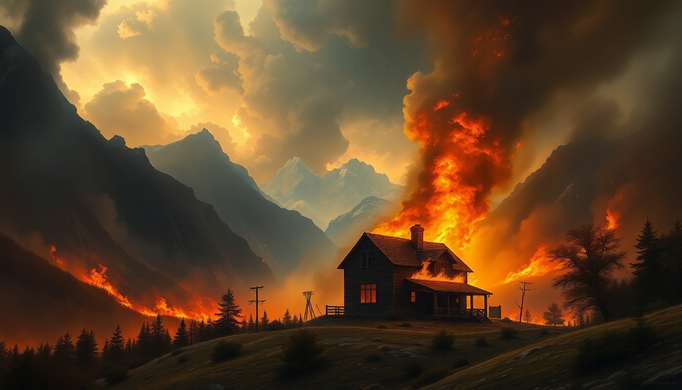 A sweeping, atmospheric landscape painting depicting a large house engulfed in flames, with the fire and smoke dominating the scene and dwarfing the physical structure.