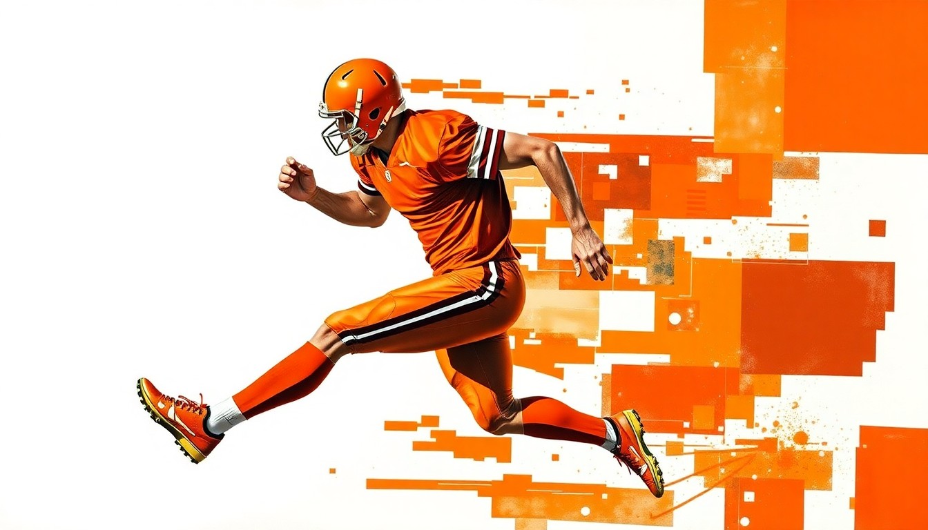 A fragmented, geometric painting depicting a football player in motion, with sharp planes of orange, brown, and white creating a dynamic, deconstructed visual effect.