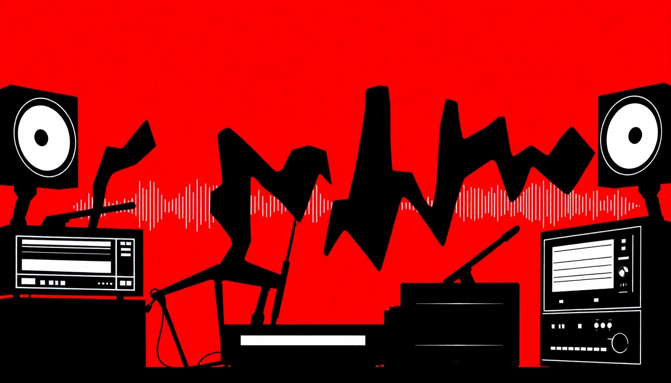An abstract, minimalist illustration featuring sharp, angular black shapes representing radio equipment and sound waves, set against a striking red background, conveying the energy and transition of a local radio station.