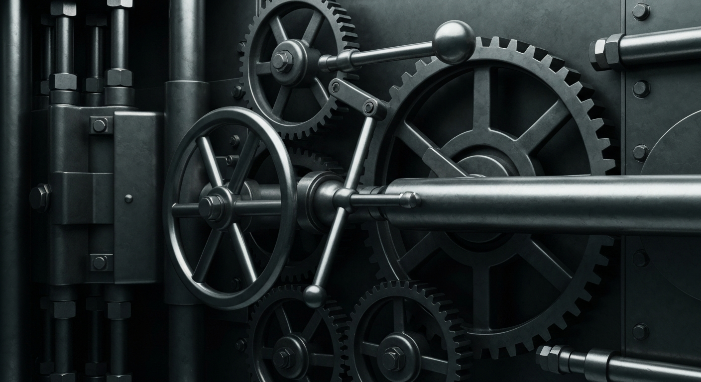 A highly detailed, cinematic close-up of the gears, levers, and machinery of a large, industrial-scale bank vault, representing the heavy financial infrastructure and institutional power of the banking system.