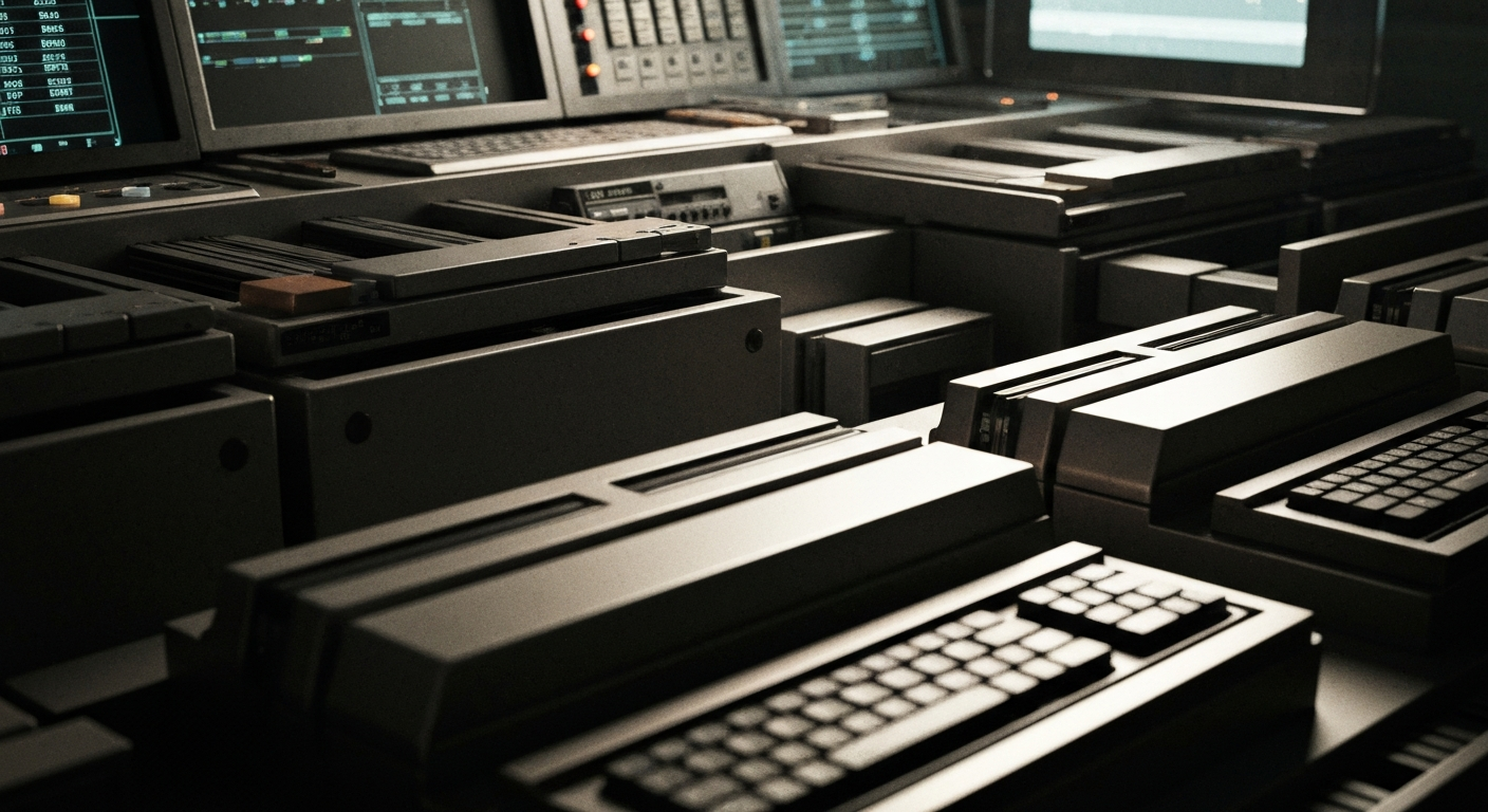 An extreme close-up of intricate computer components and industrial machinery, conveying the complex technological backbone of the financial industry.