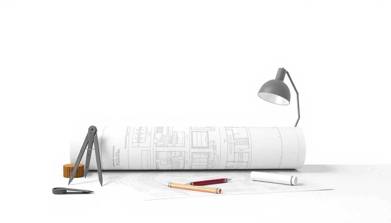A minimalist, high-end studio still life photograph featuring a clean, monochromatic background with a few carefully arranged objects symbolizing the design and construction services of Fixture Studio, such as architectural blueprints, a drafting compass, and a sleek, modern light fixture.