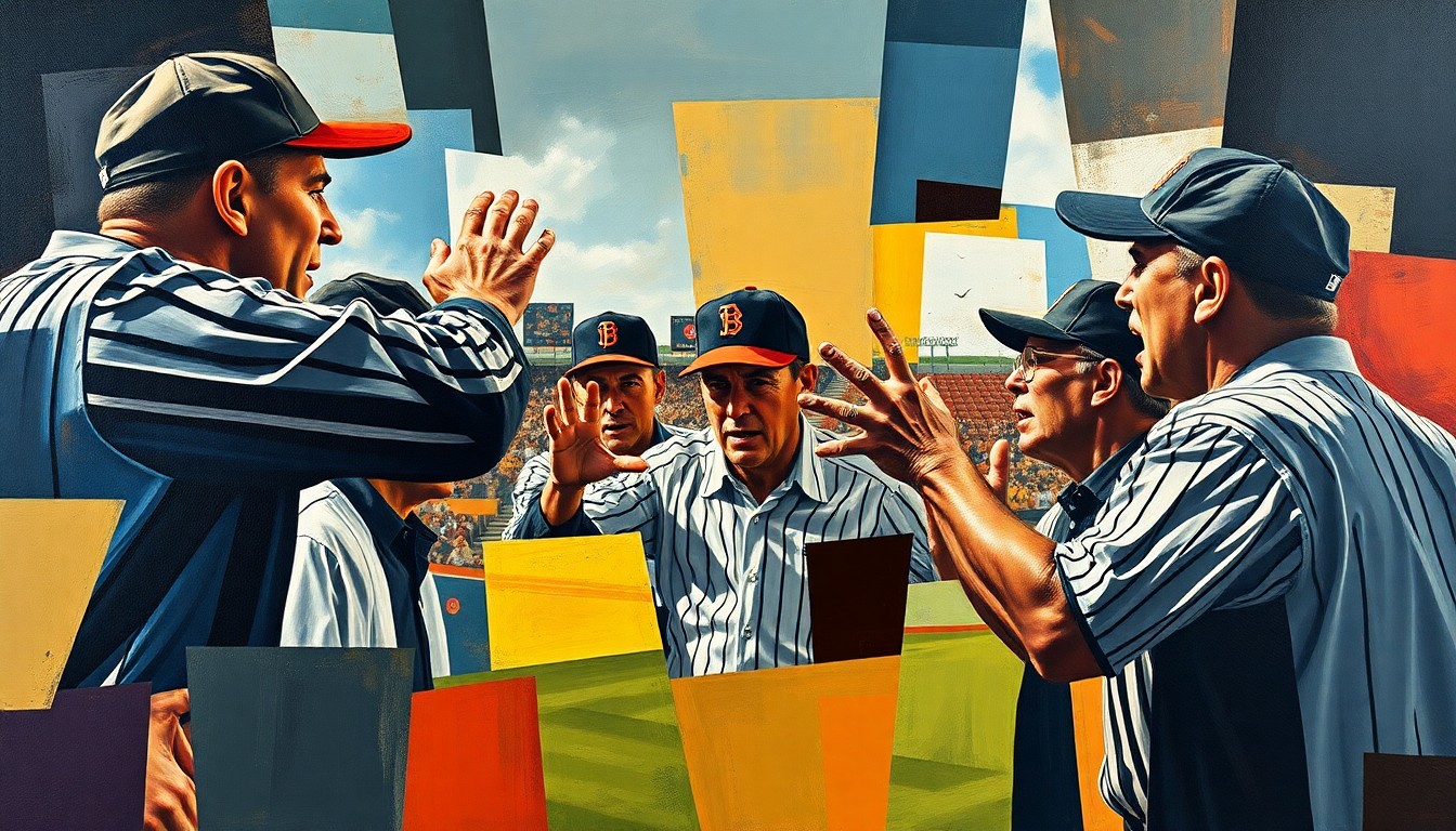 A fragmented, geometric painting depicting the chaotic energy of a baseball manager arguing with umpires, with sharp angles and overlapping planes of color representing the heated confrontation.
