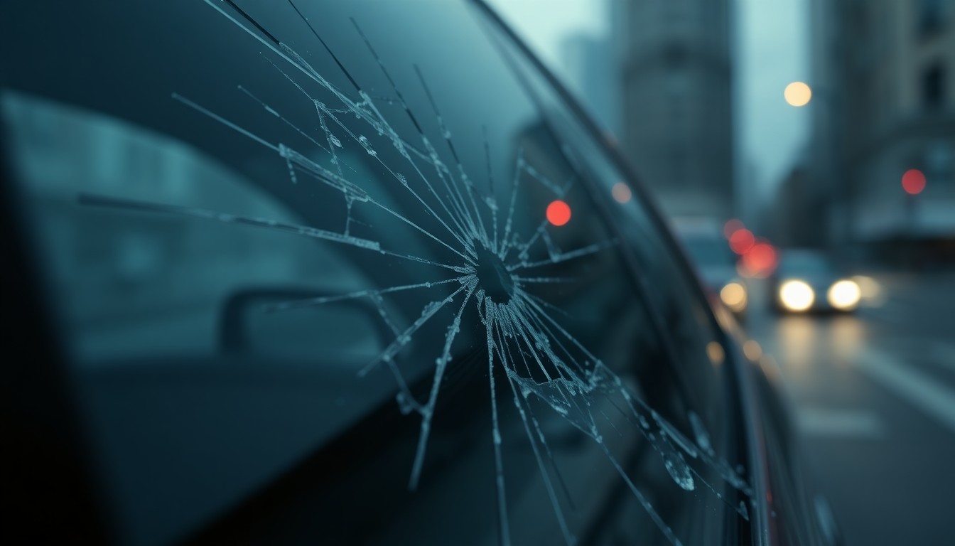 An abstract close-up photograph of a cracked car window, the surface reflecting a faint red light, conveying a sense of danger and urgency surrounding the cross-city investigation.