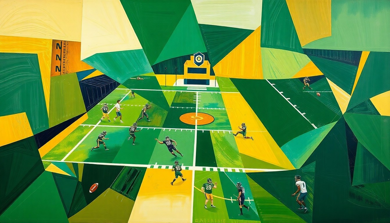 A fractured, multi-perspective painting in the style of Pablo Picasso, depicting a college football game or practice broken down into sharp, overlapping geometric planes in a vibrant color palette of forest green, gold, and navy blue, capturing the energy and movement of the sport.