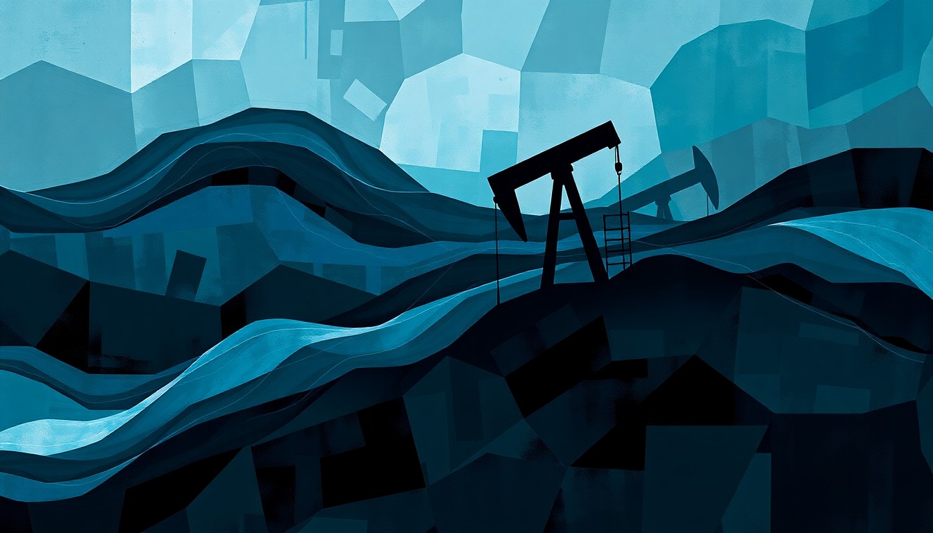 A heavily textured, fractured painting of an oil pump or oil rig in overlapping geometric waves of dark blues, greys, and blacks, conceptually representing the turbulent political and legal battles surrounding the energy industry's role in climate change.