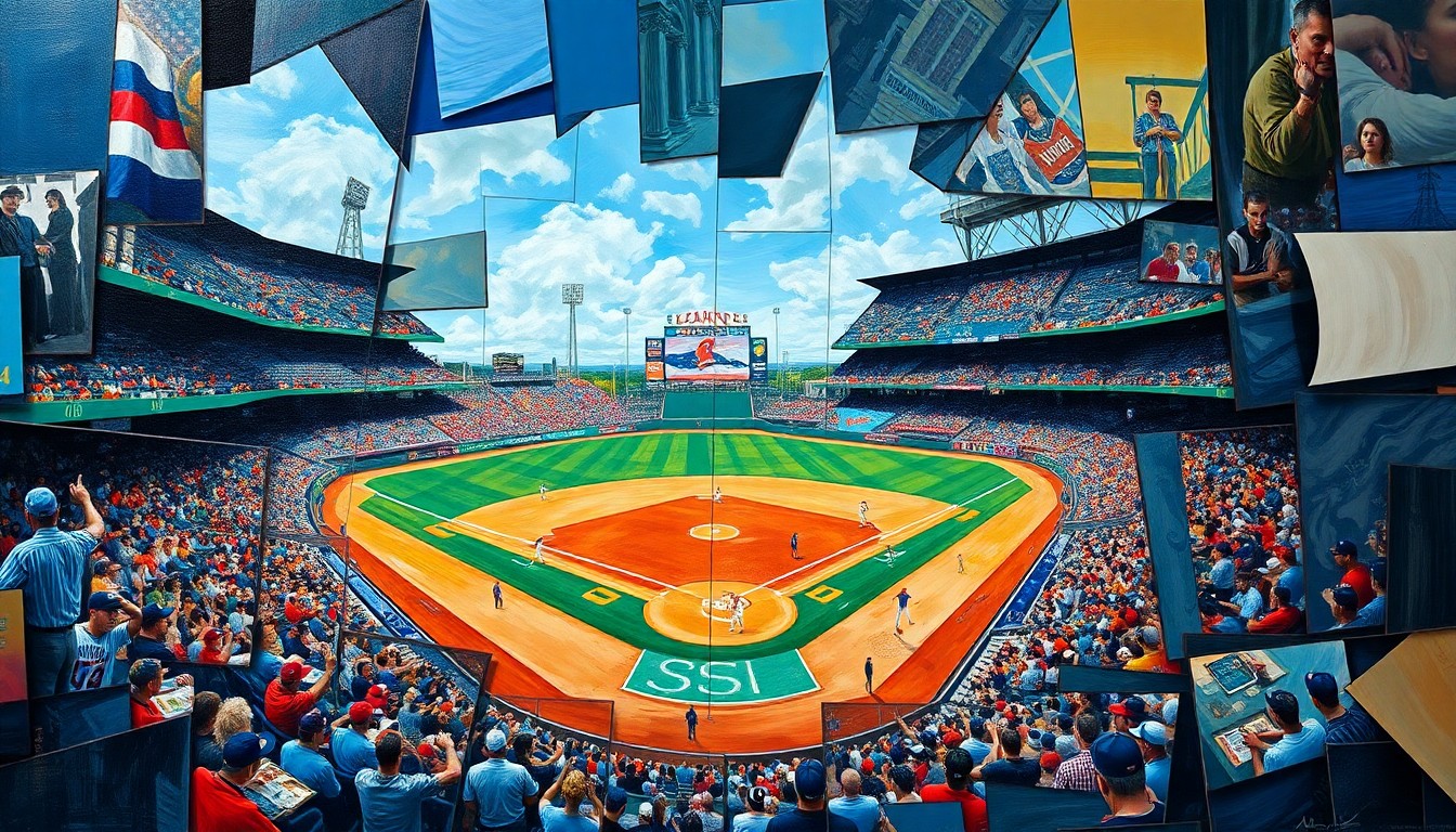 A fragmented, cubist-style painting depicting various baseball elements like bats, balls, and players' silhouettes broken down into sharp, overlapping geometric shapes and planes in a range of earthy tones.