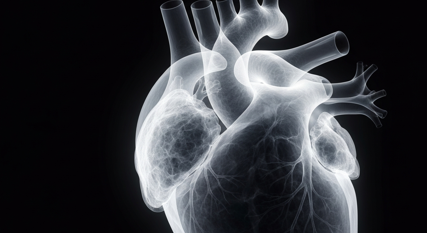 A highly detailed, translucent X-ray photograph of a human heart, its intricate structures and chambers visible as glowing, ghostly lines against a dark background, conveying the clinical and anatomical nature of the story while hinting at the deeper insights that can be gleaned from real-world data.