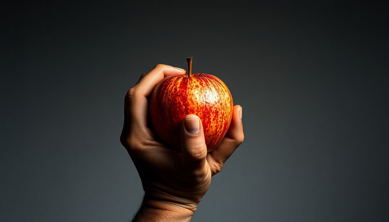 A close-up photograph of a calloused human hand holding a single ripe apple against a clean, monochromatic background, conveying the hard labor and uncertain future faced by experienced farmworkers in Washington state.
