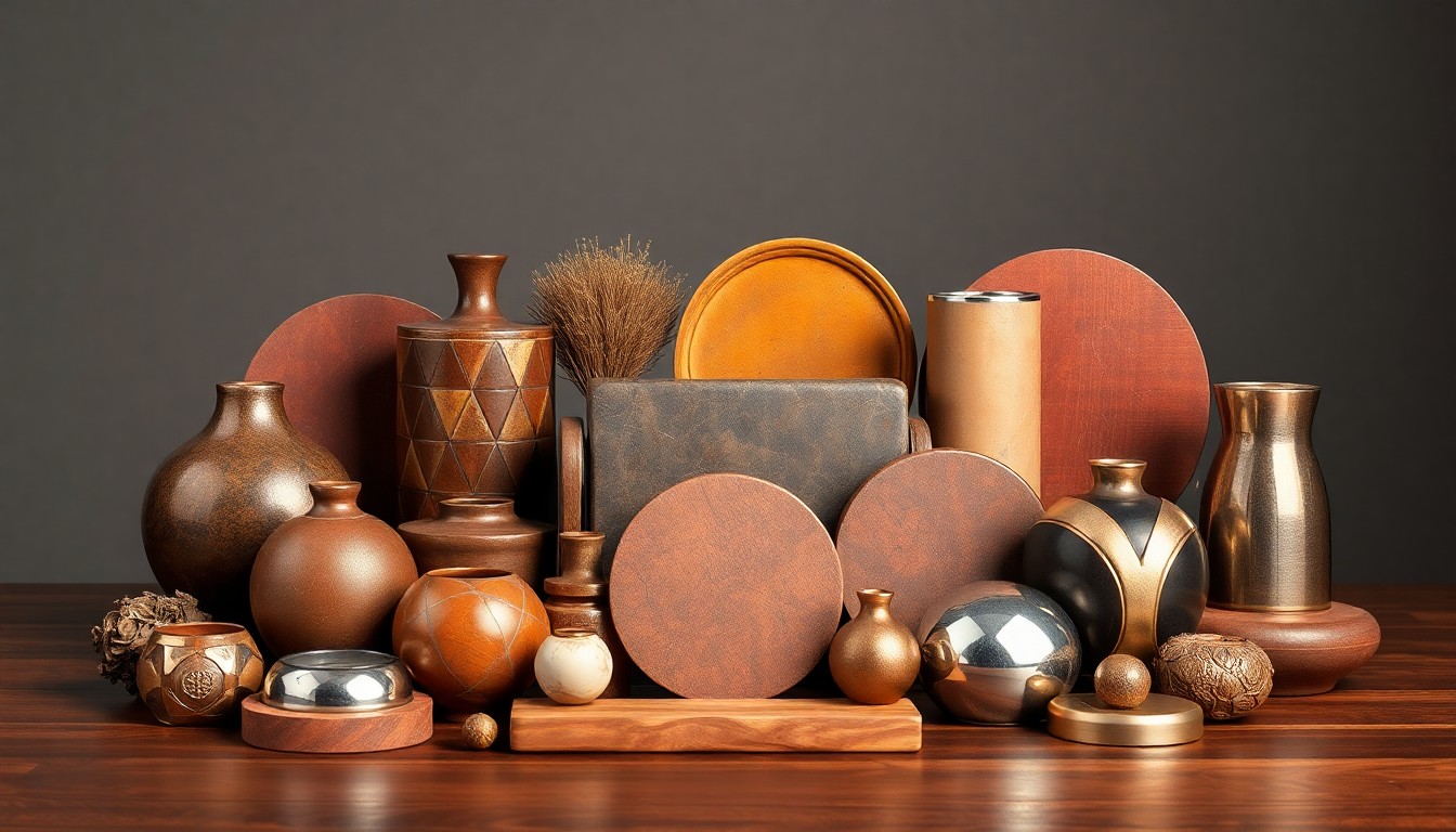 A minimalist, high-contrast studio photograph featuring a carefully arranged collection of premium, geometric objects in warm earth tones and metallic finishes, symbolizing the diverse businesses and community spirit of Georgetown's Main Street.