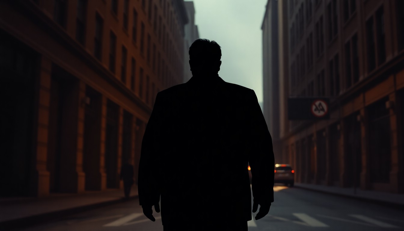 A moody, cinematic painting depicting a solitary figure of Steve Bannon standing alone on a dimly lit urban street, with warm diagonal sunlight casting deep shadows across the scene, conceptually representing the legal and political implications of the Supreme Court's ruling.