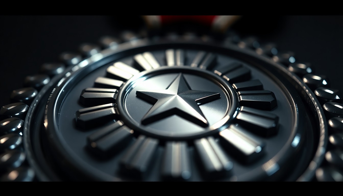 An extreme close-up photograph of a shiny, metallic military medal or insignia, reflecting dramatic studio lighting to create a high-contrast, glamorous aesthetic.