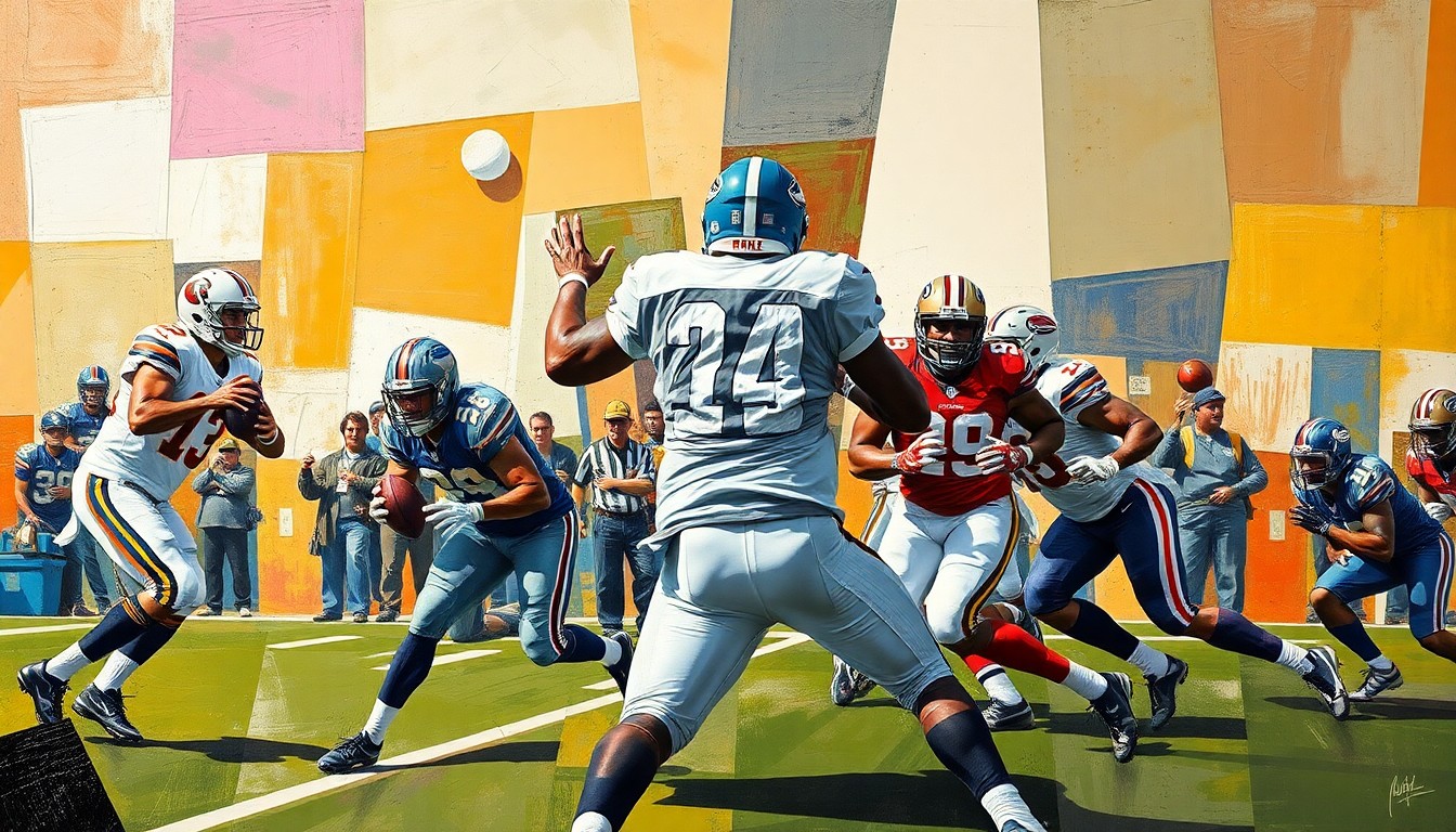 A fragmented, geometric painting depicting a quarterback dropping back to pass, offensive linemen blocking, and wide receivers running routes, all broken down into sharp, overlapping planes of color and shape.