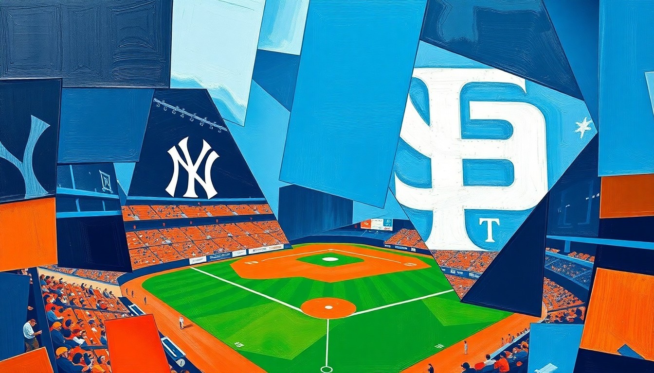 A cubist, geometric painting depicting a baseball game in motion, with sharp planes of navy blue, orange, and white overlapping to create a fractured, multi-perspective scene capturing the dynamic energy of the sport.