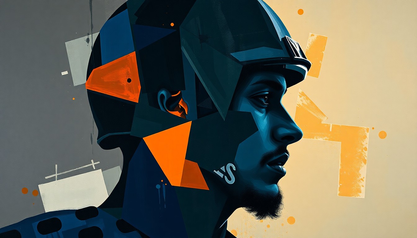 A fragmented, cubist-style painting depicting the silhouette of a football player broken down into sharp, overlapping geometric shapes in a palette of dark greys, blues, and oranges, conveying the complex emotions and lasting impact of an NFL career ending prematurely.