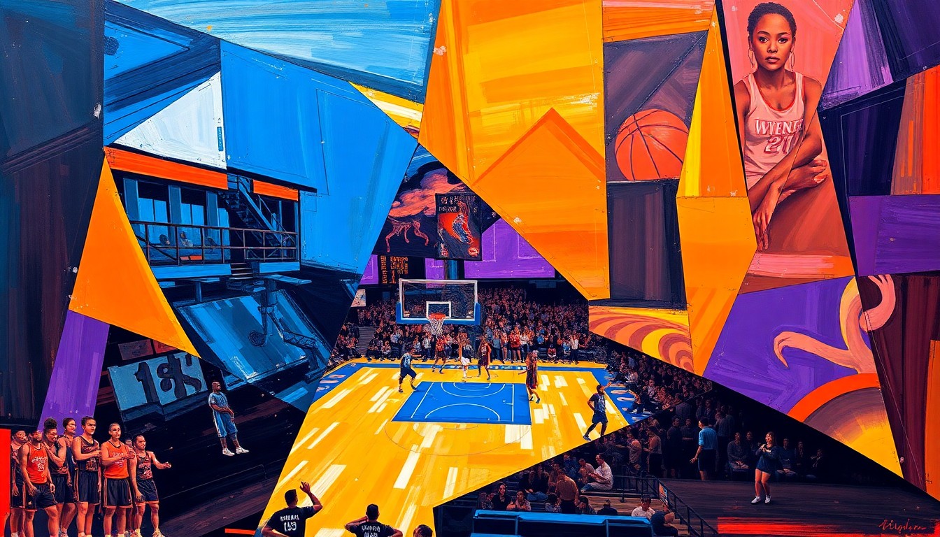 A cubist, geometric painting depicting a fragmented WNBA basketball game, with players' forms broken down into overlapping planes of vibrant colors like blue, orange, and purple, conveying the dynamic energy and potential tensions of the league.